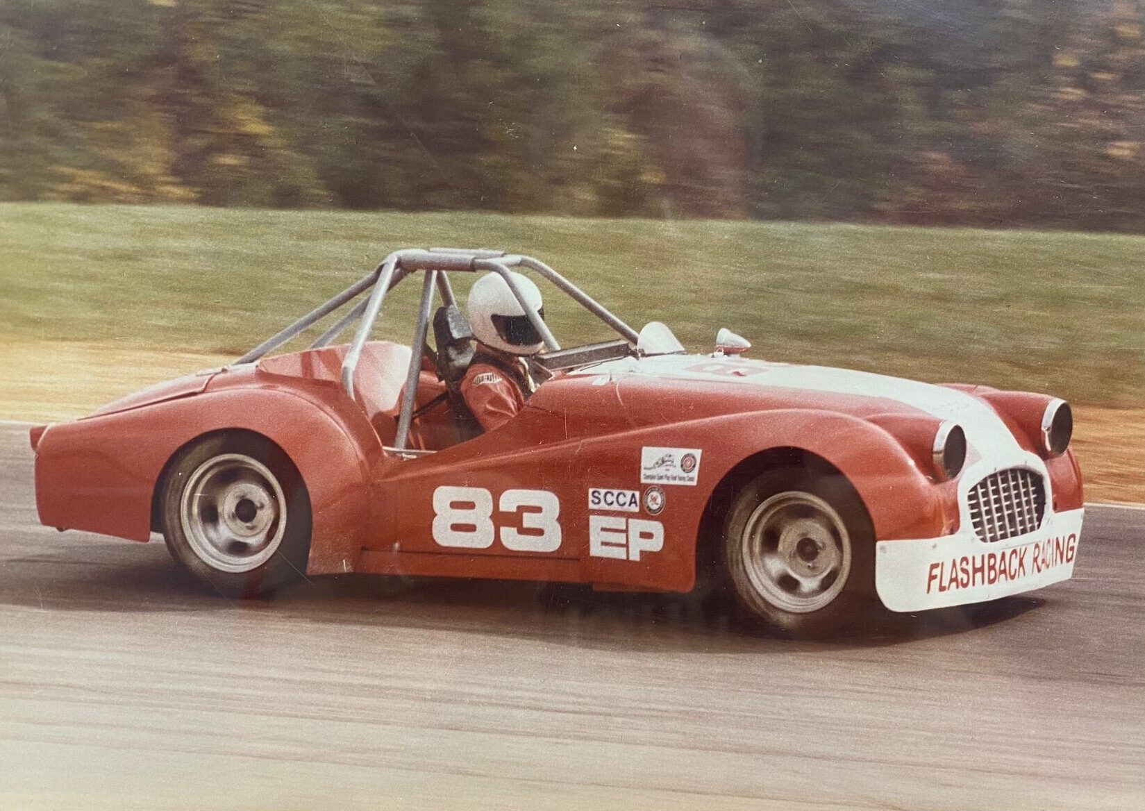 #83 FlashBack Racing Triumph TR3 Competing at 1983 Road Atlanta Runoffs ©2024 Flashback Racing