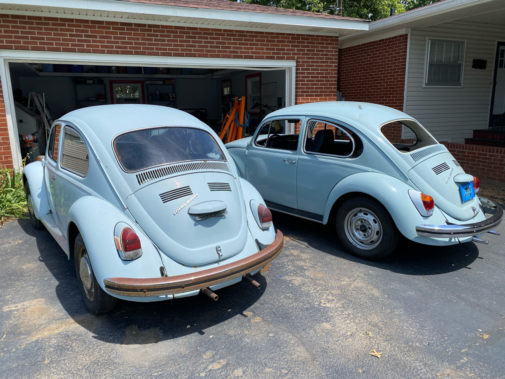 1970 VW Standard Beetle donor (left) and project (right) cars from left rear.