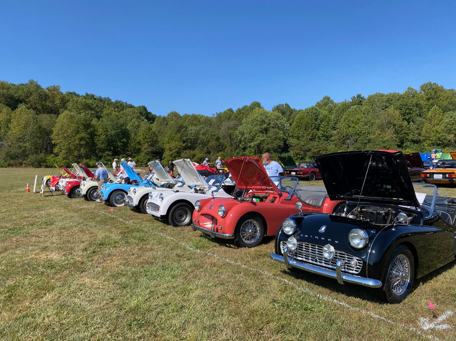 Triumph TR3s on display at 2024 VTR Convention Car Show, Brown County Park, IN
